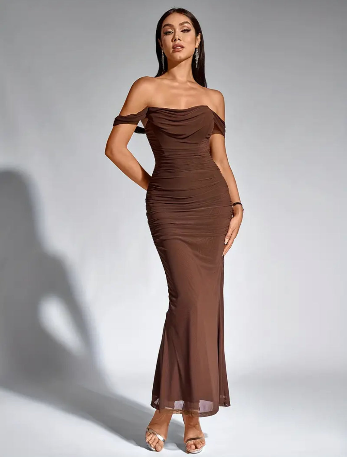 Hazelnut Grace - Off-Shoulder Maxi Dress