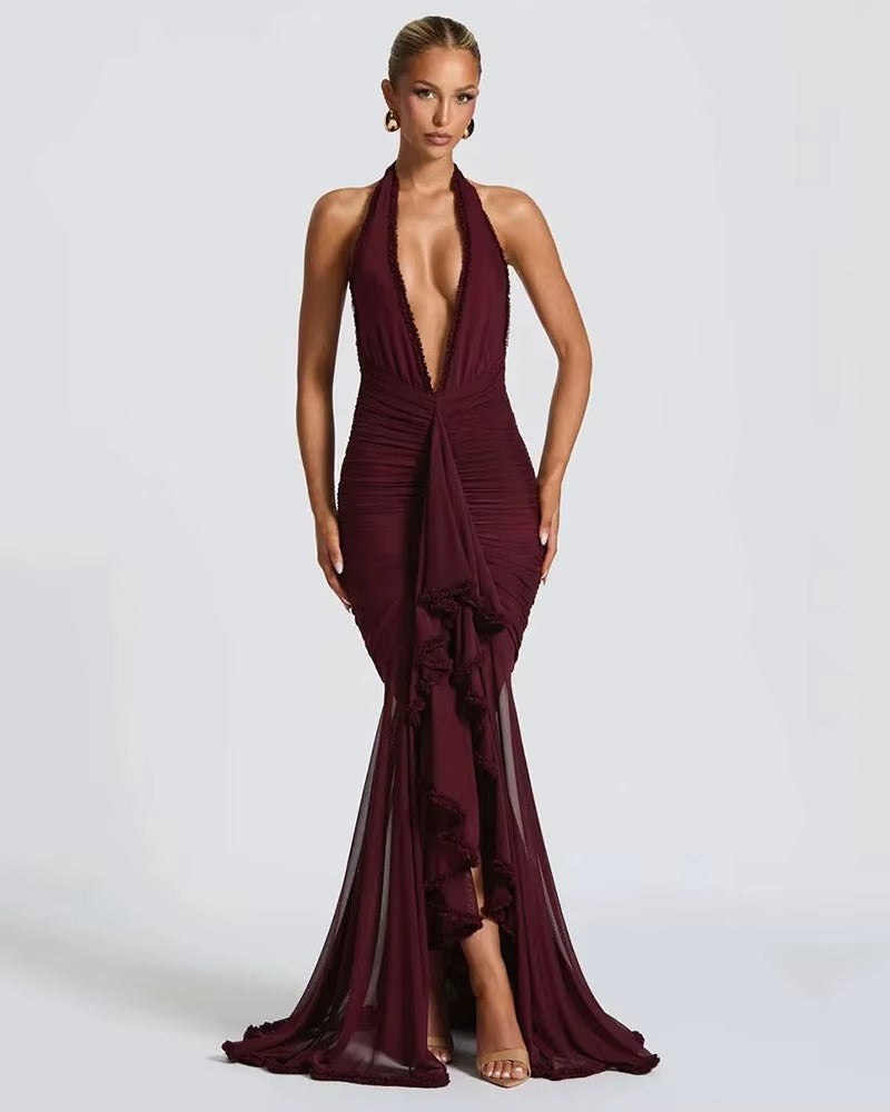Midnight Burgundy - Halter Maxi Dress