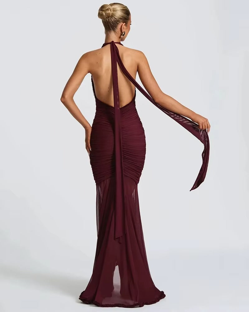 Midnight Burgundy - Halter Maxi Dress