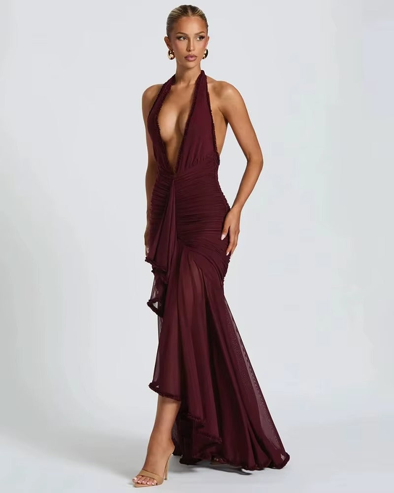 Midnight Burgundy - Halter Maxi Dress