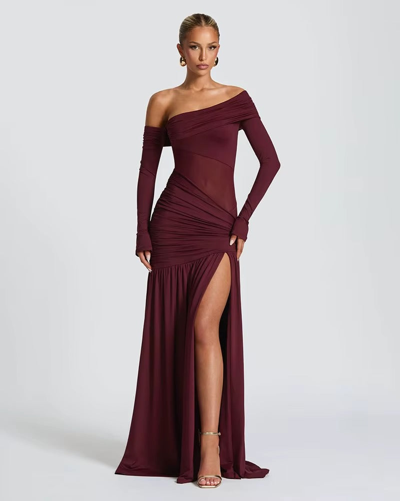 Classic Wine - Backless Skew Collar Dress