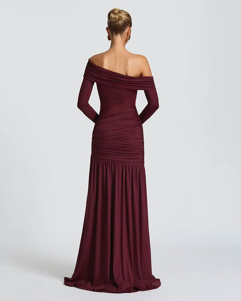 Classic Wine - Backless Skew Collar Dress