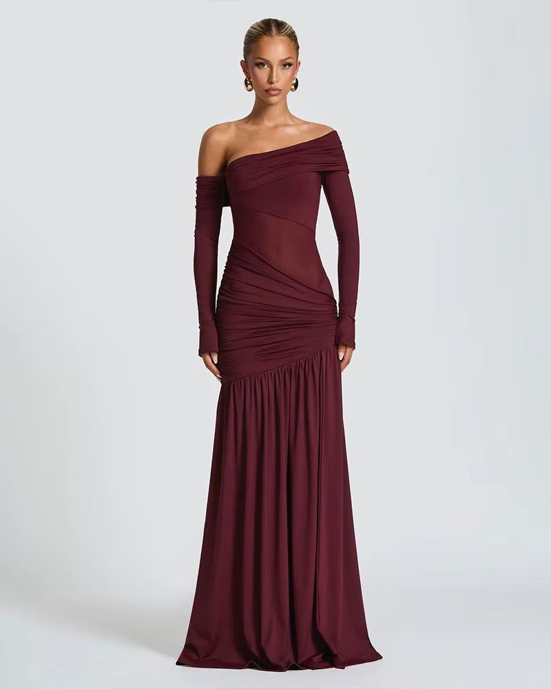 Classic Wine - Backless Skew Collar Dress